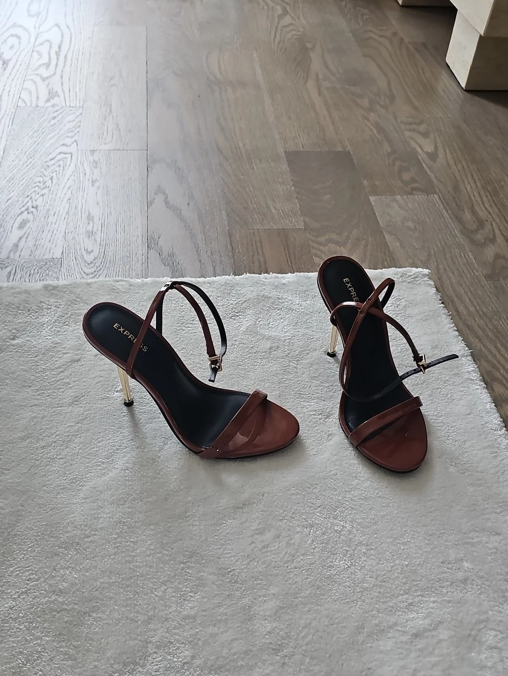 Express Brown Strappy Stiletto Sandals with Gold Heel